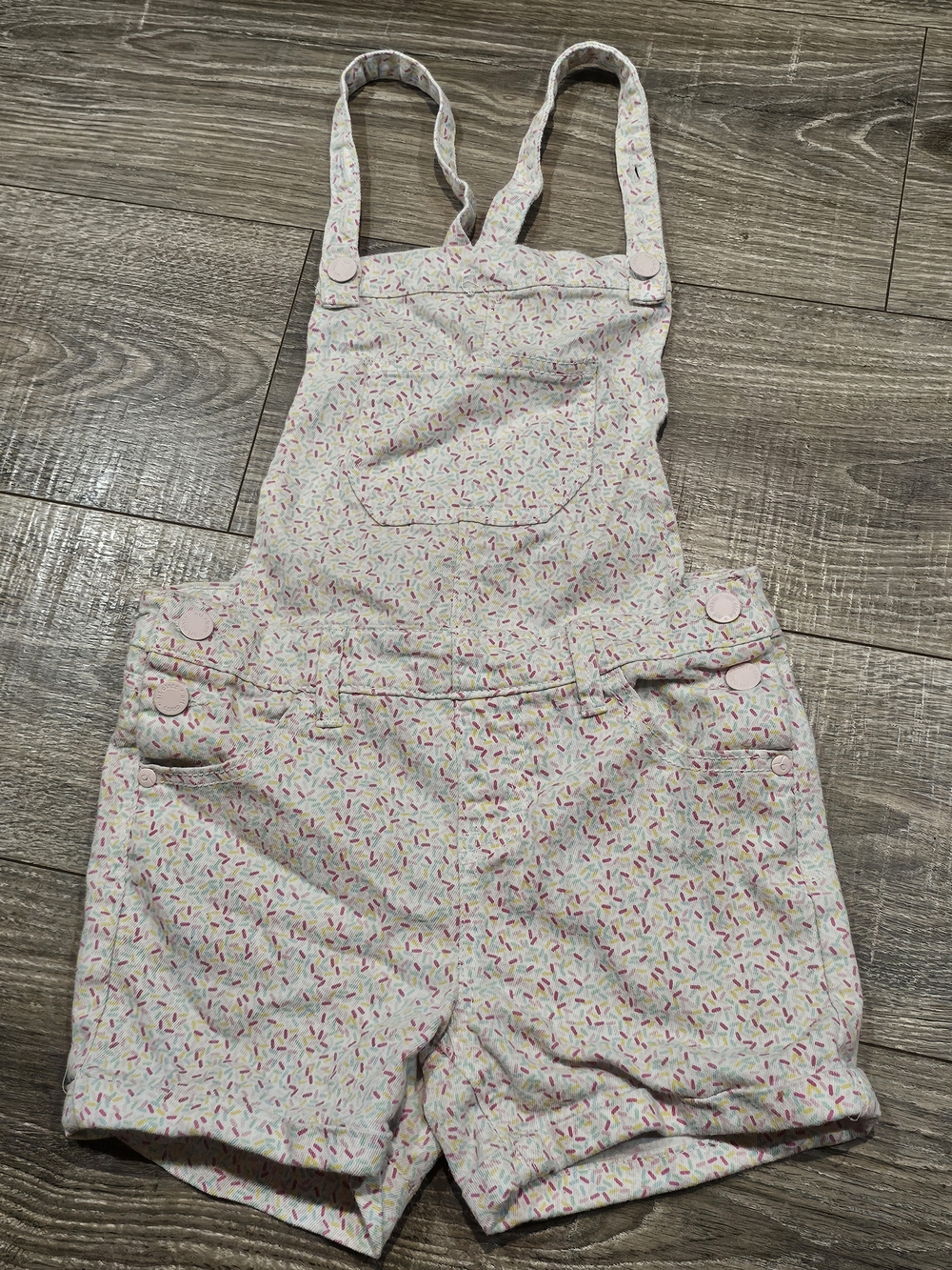 Girls Overalls Size 7/8 Pink and White Sprinkles Print Short Overalls
